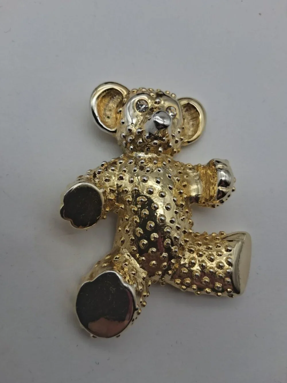 Vintage Teddy Bear Brooch Pin Brushed Gold Rhinestone Crystal Chunky 1980s